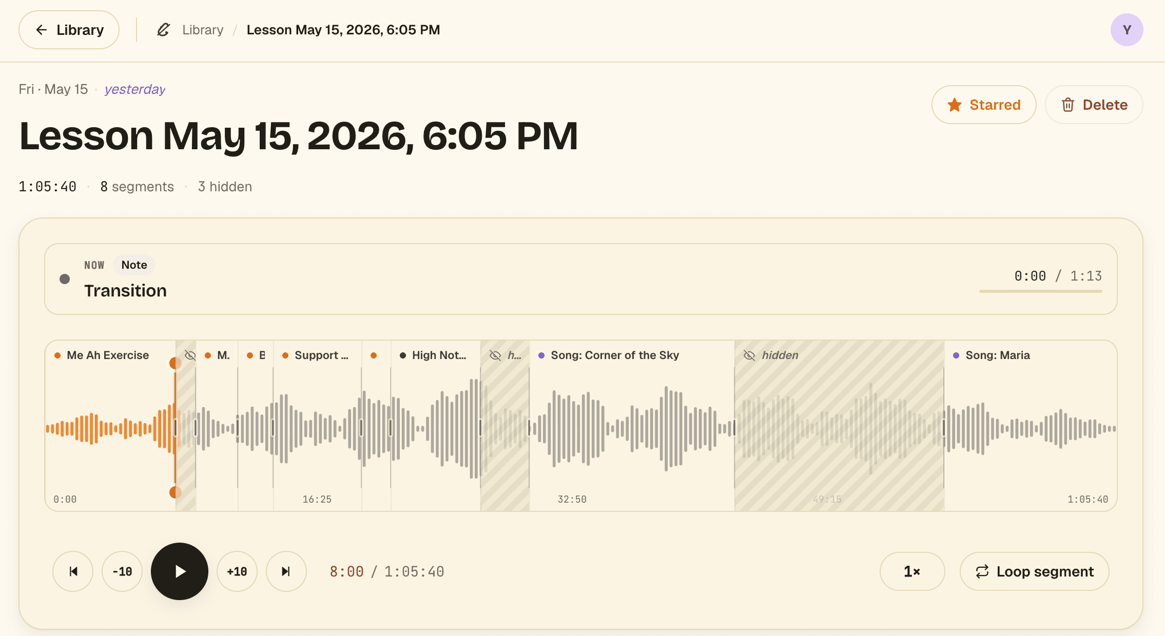 A Segno lesson — labeled waveform segments and a list of exercises
